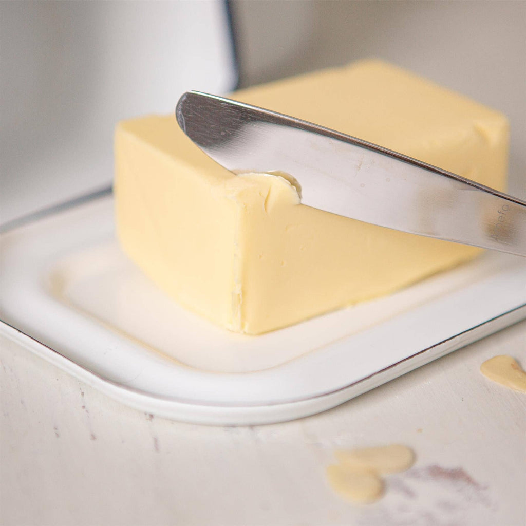 18.5cm x 10cm White Enamel Butter Dish - By Argon Tableware: Green