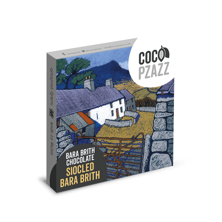 Coco Pzazz chocolate packaging with a scenic design on a white background