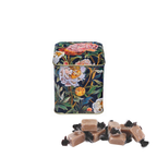Floral-patterned tin box with wrapped candies on a white background