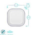Square plate with dimensions and hand wash only label on a white background