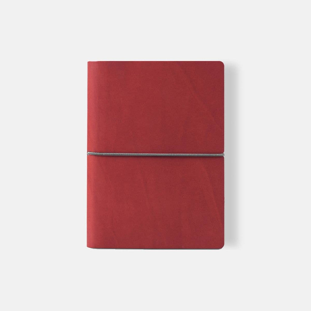 Red notebook with a silver strap on a white background