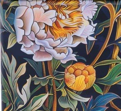 Decorative floral design featuring flowers and leaves on a dark background