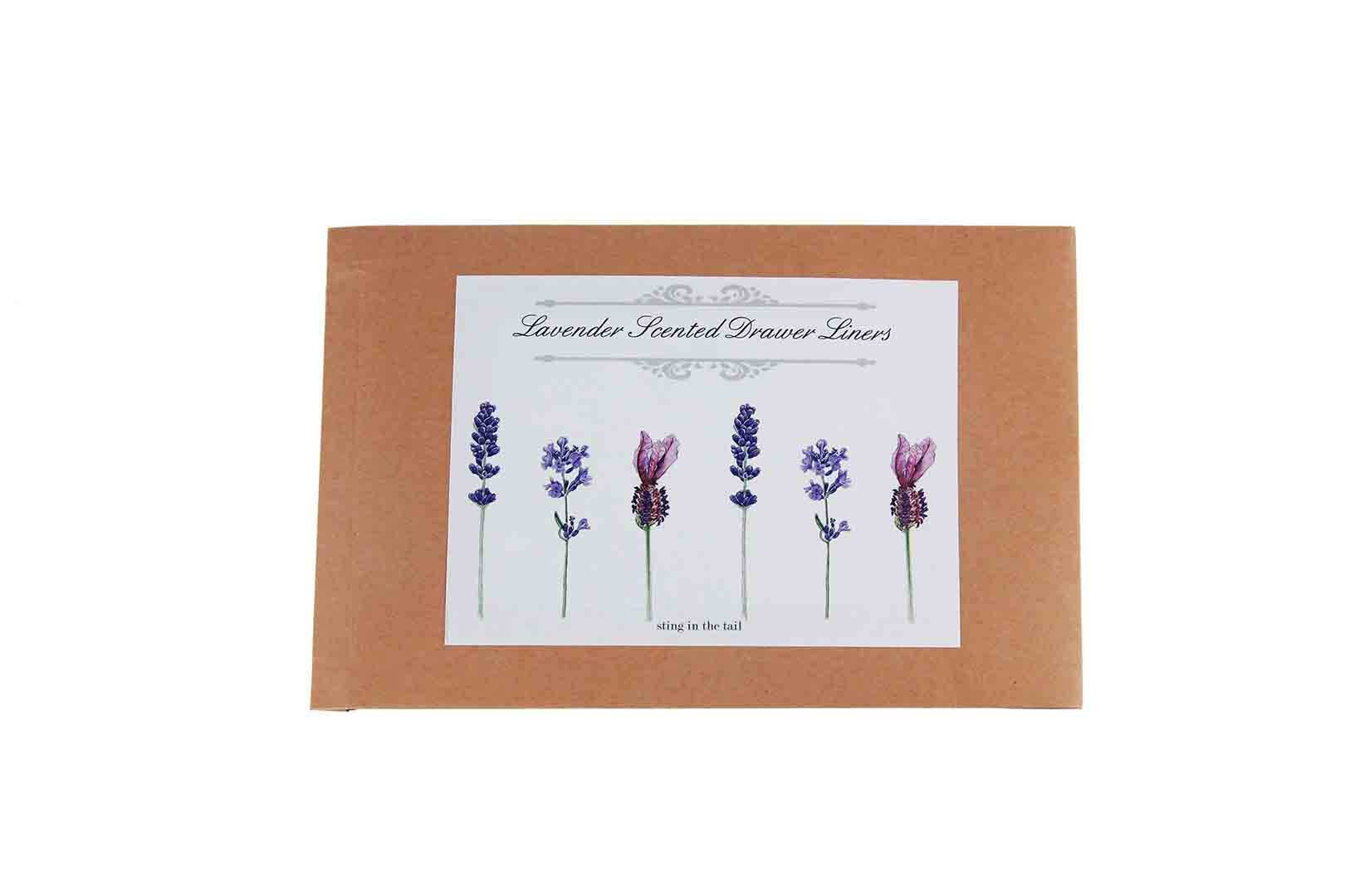 Box of lavender-scented drawer liners with lavender illustrations on a white background