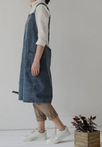 Gohobi Japanese Style Washed Denim Cotton Apron: Dark Blue
