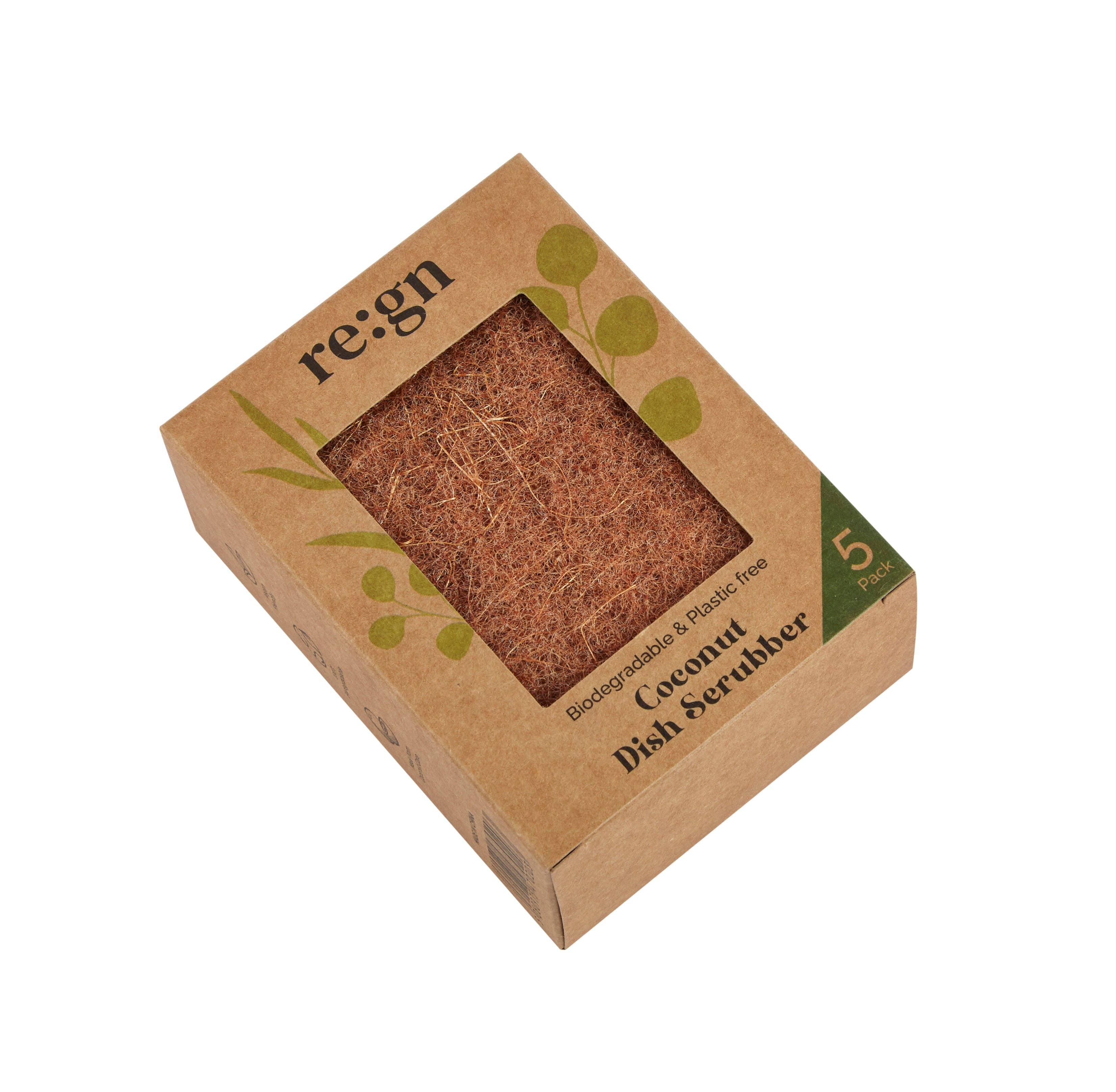 Coconut dish scrubber in a cardboard box with 're:gn' branding on a white background