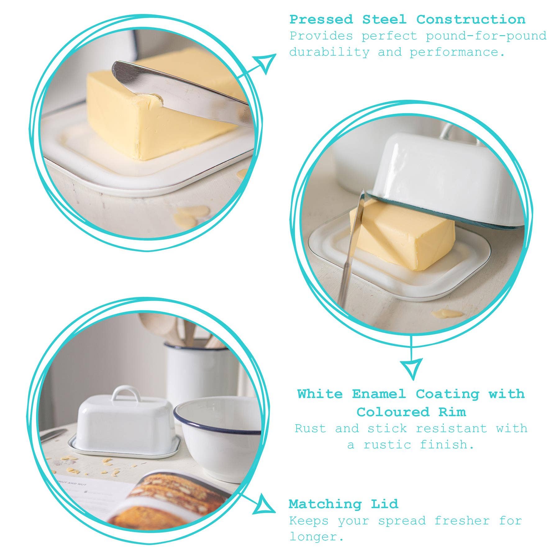 18.5cm x 10cm White Enamel Butter Dish - By Argon Tableware: Green