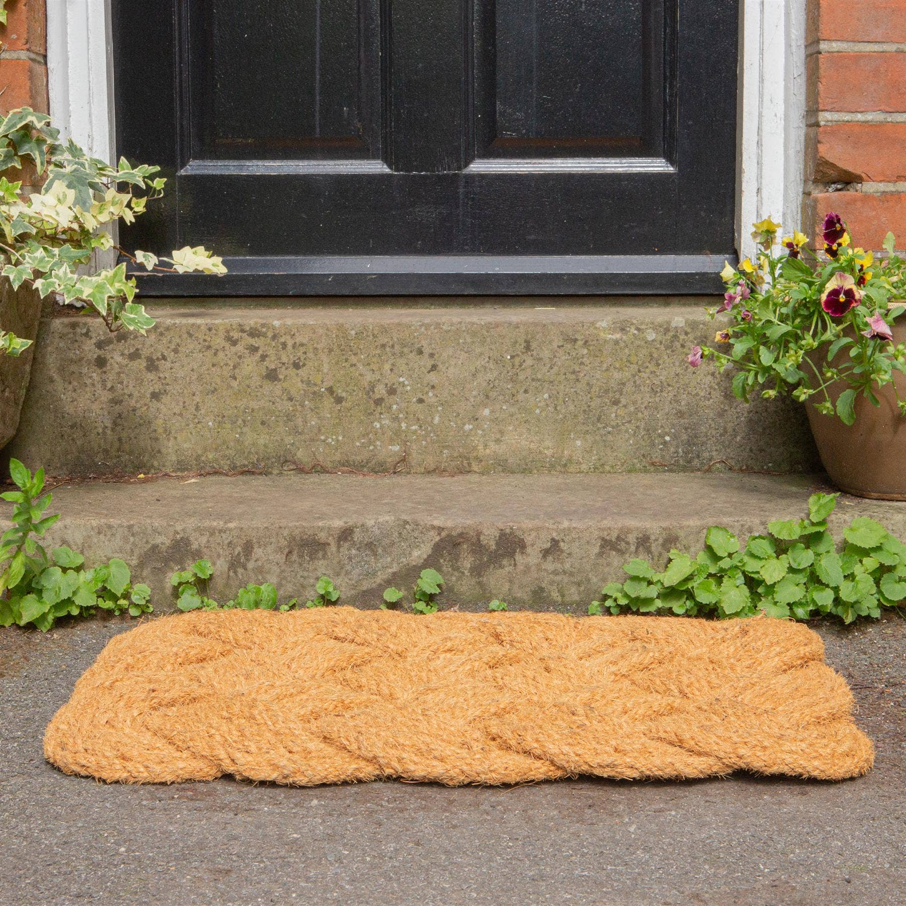 Coir doormat on a concrete step in front of a black door with plants on either side.