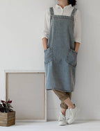 Gohobi Japanese Style Washed Denim Cotton Apron: Dark Blue