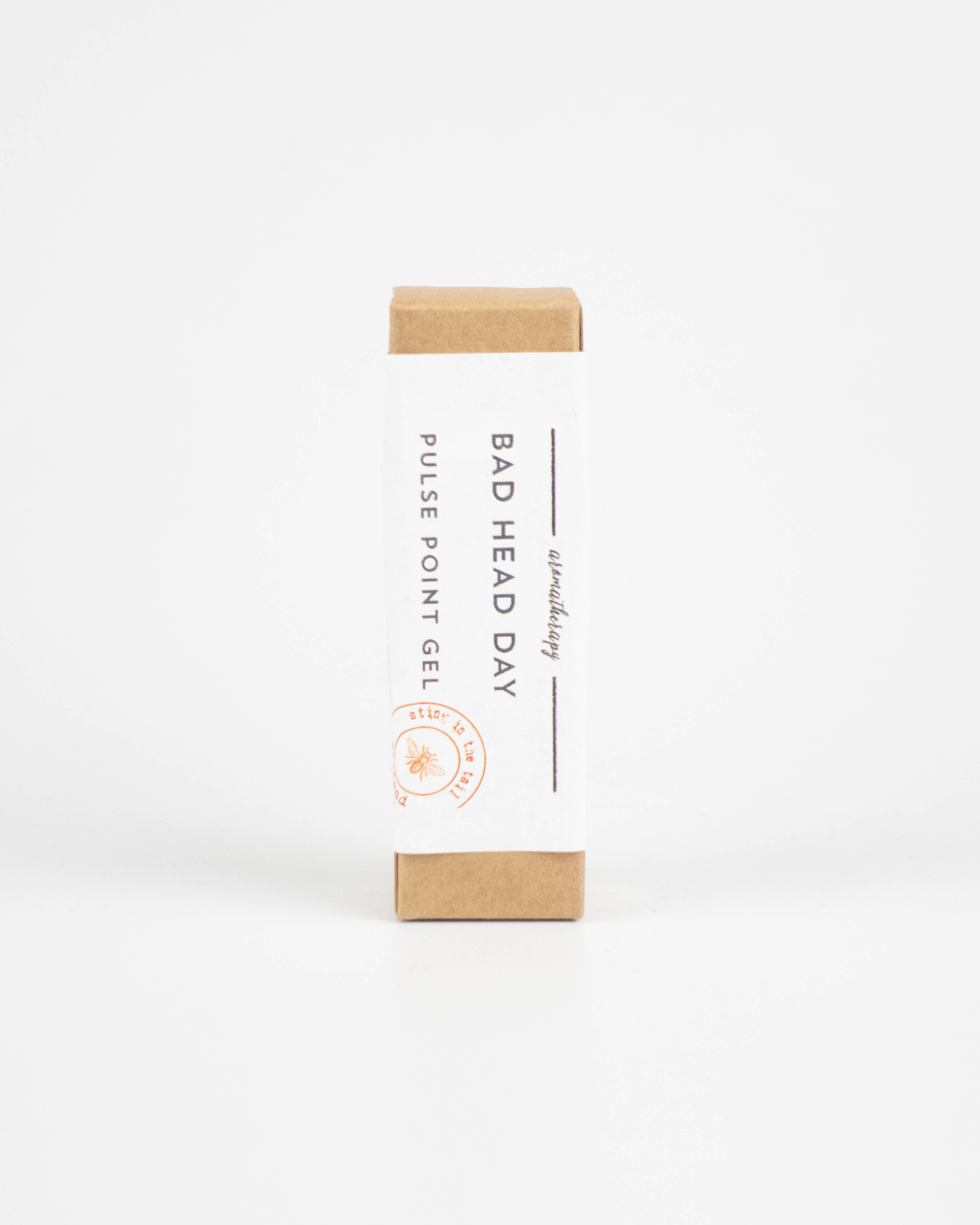 Pulse point gel packaging labeled 'Bad Head Day' on a white background