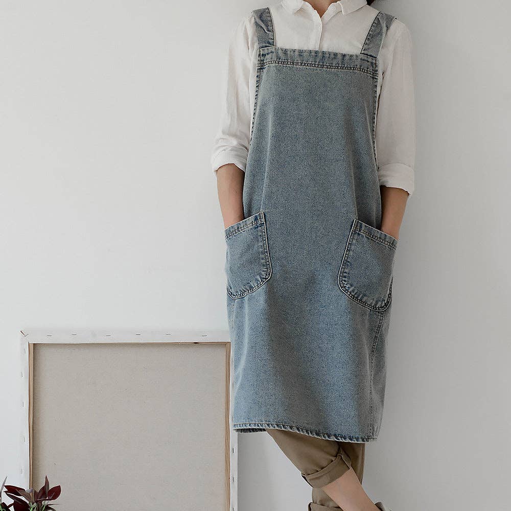 Gohobi Japanese Style Washed Denim Cotton Apron: Dark Blue