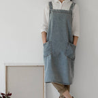 Gohobi Japanese Style Washed Denim Cotton Apron: Dark Blue