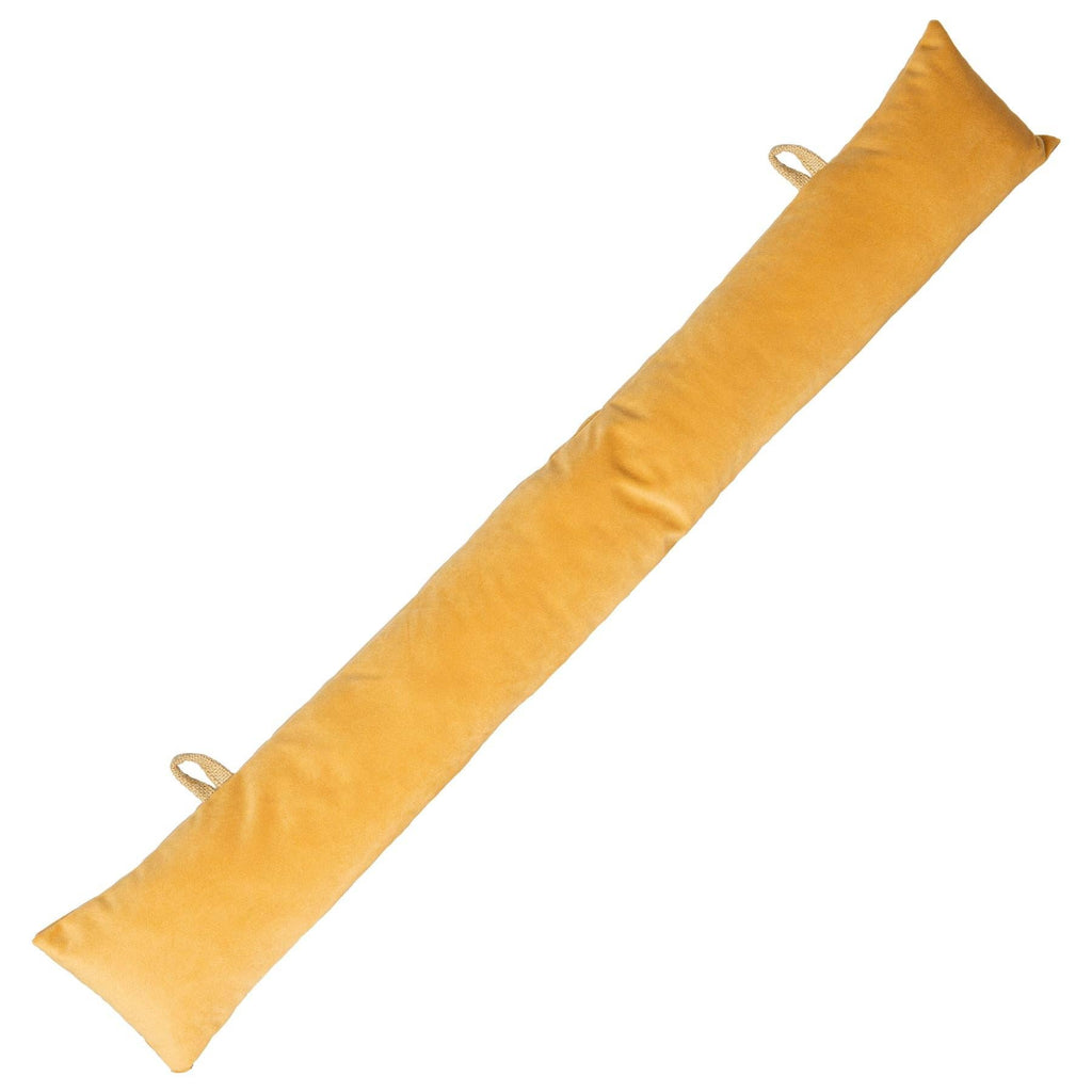 Long mustard yellow pillow on a white background