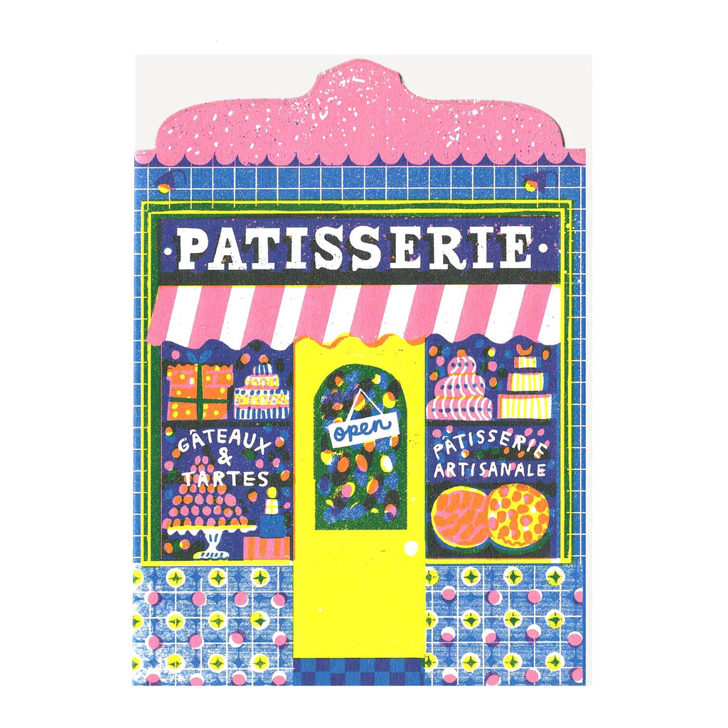Colorful illustration of a patisserie with 'Patisserie' text on a white background