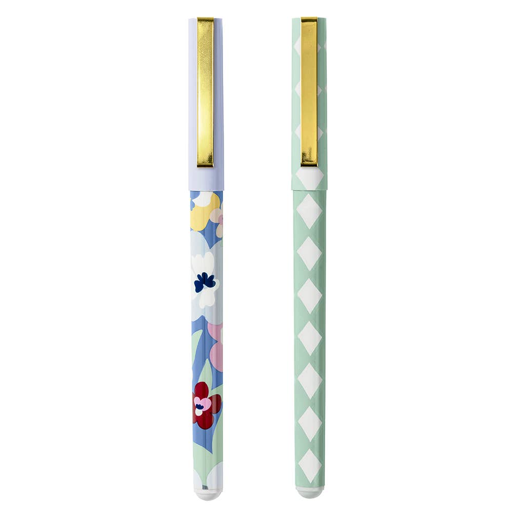 Rollerball Pens - Two-Pack Set - Check & Floral - Black Ink