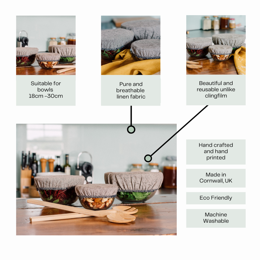 Linen bowls on a wooden table with text highlighting features and benefits.