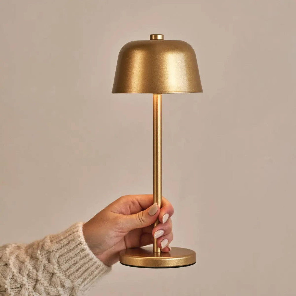 Gold table lamp held by a hand against a beige background