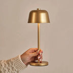 Gold table lamp held by a hand against a beige background