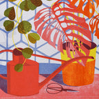 Illustration of a red watering can with plants against a geometric patterned background