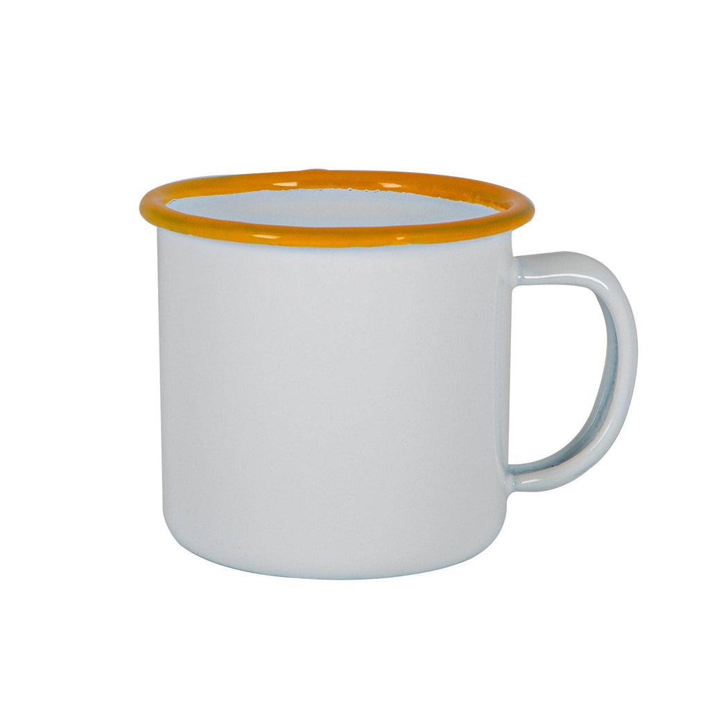 White mug with a yellow rim on a white background