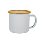 White mug with a yellow rim on a white background