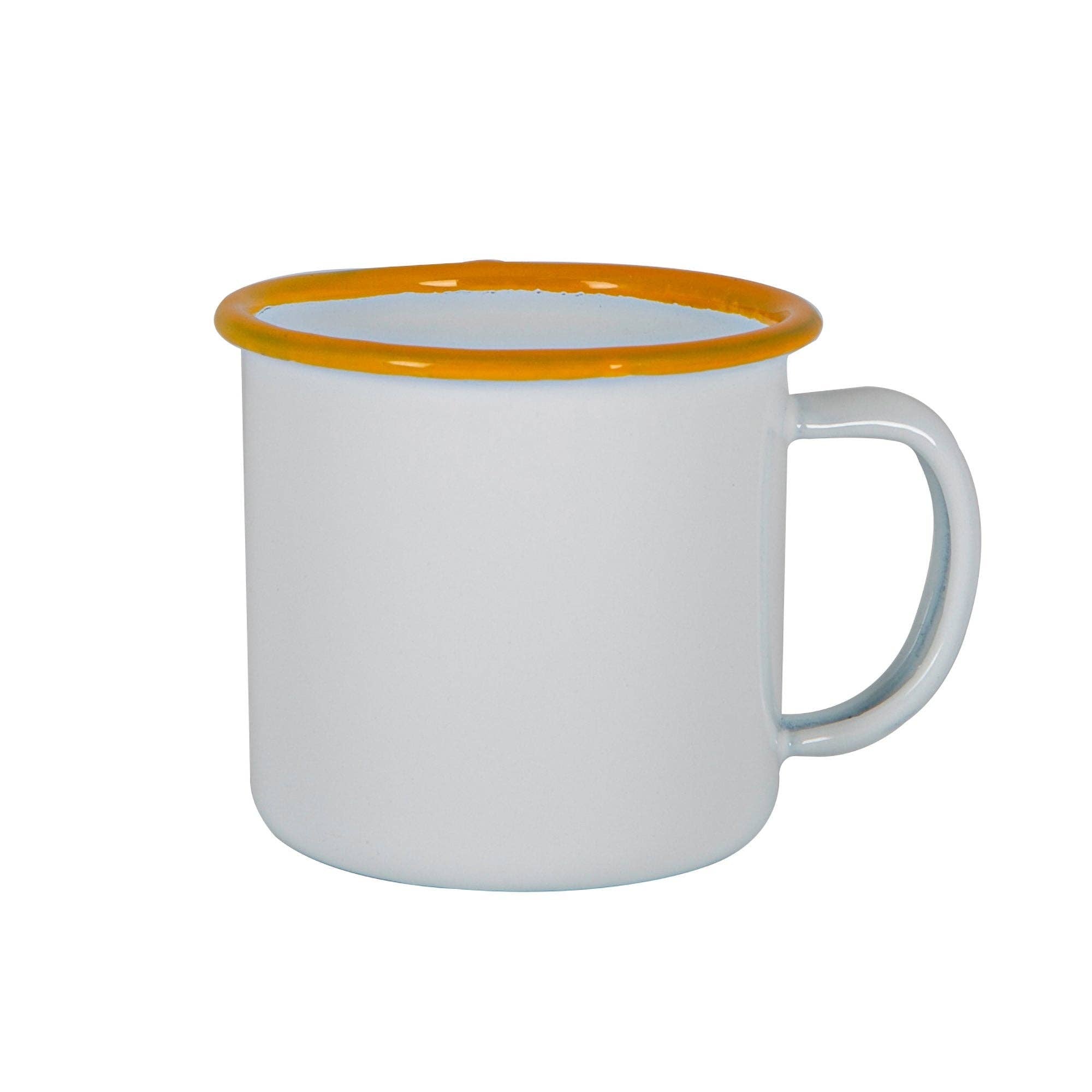 White mug with a yellow rim on a white background