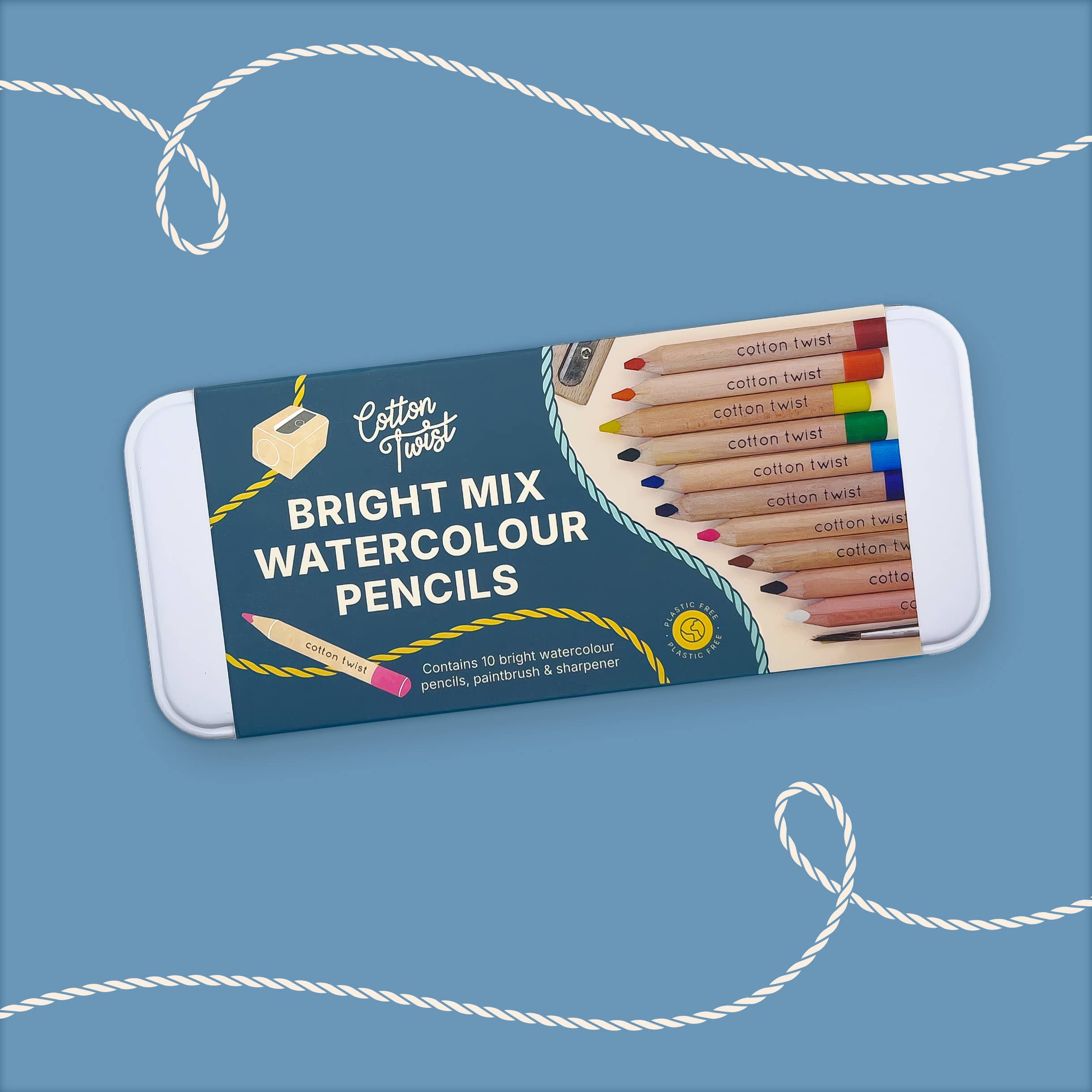 Packaging of Cotton Twist bright mix watercolour pencils on a blue background