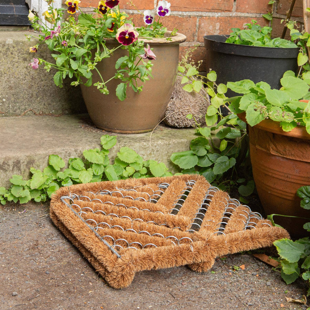 Brown doormat on a stone surface surrounded by potted plants.