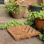 Brown doormat on a stone surface surrounded by potted plants.