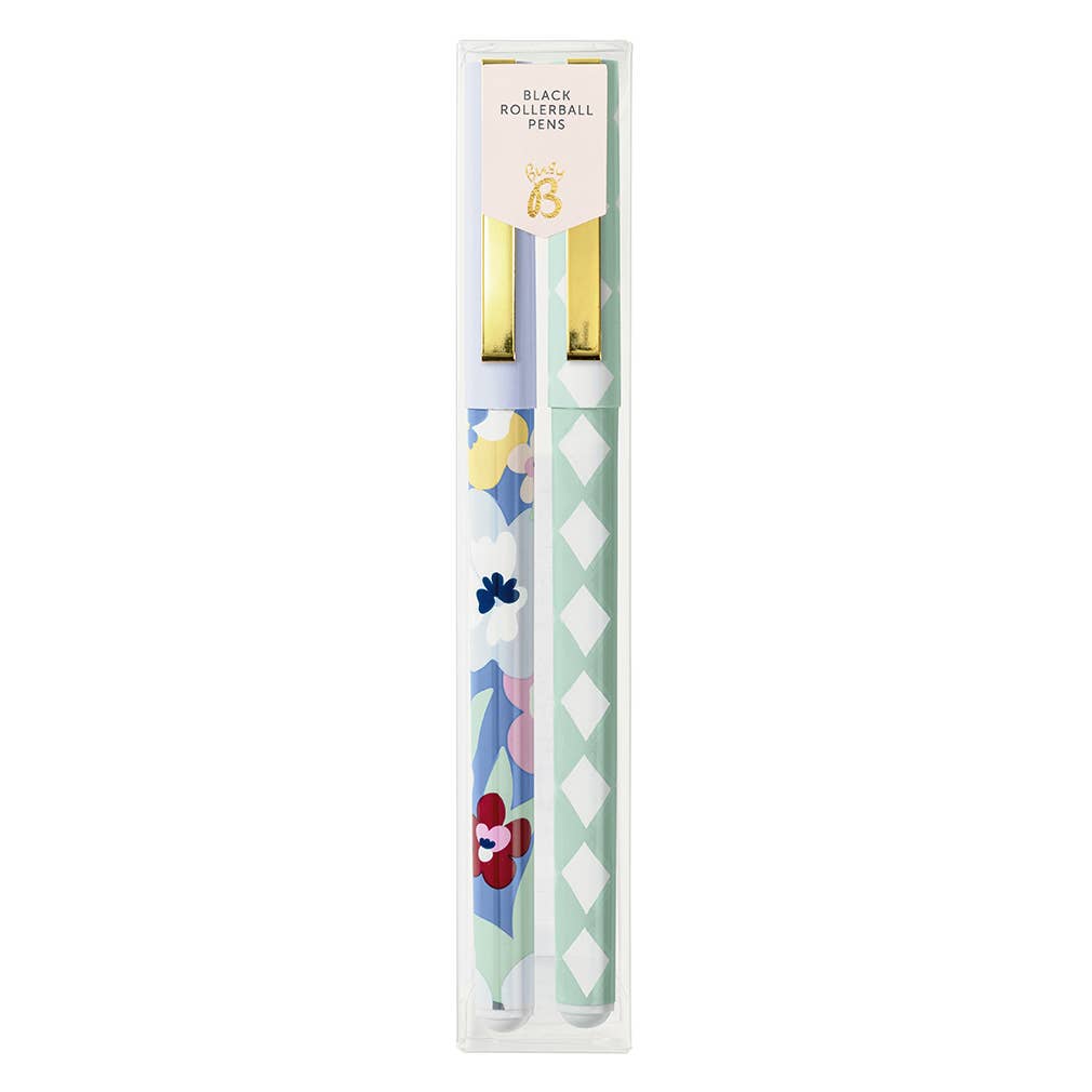 Rollerball Pens - Two-Pack Set - Check & Floral - Black Ink