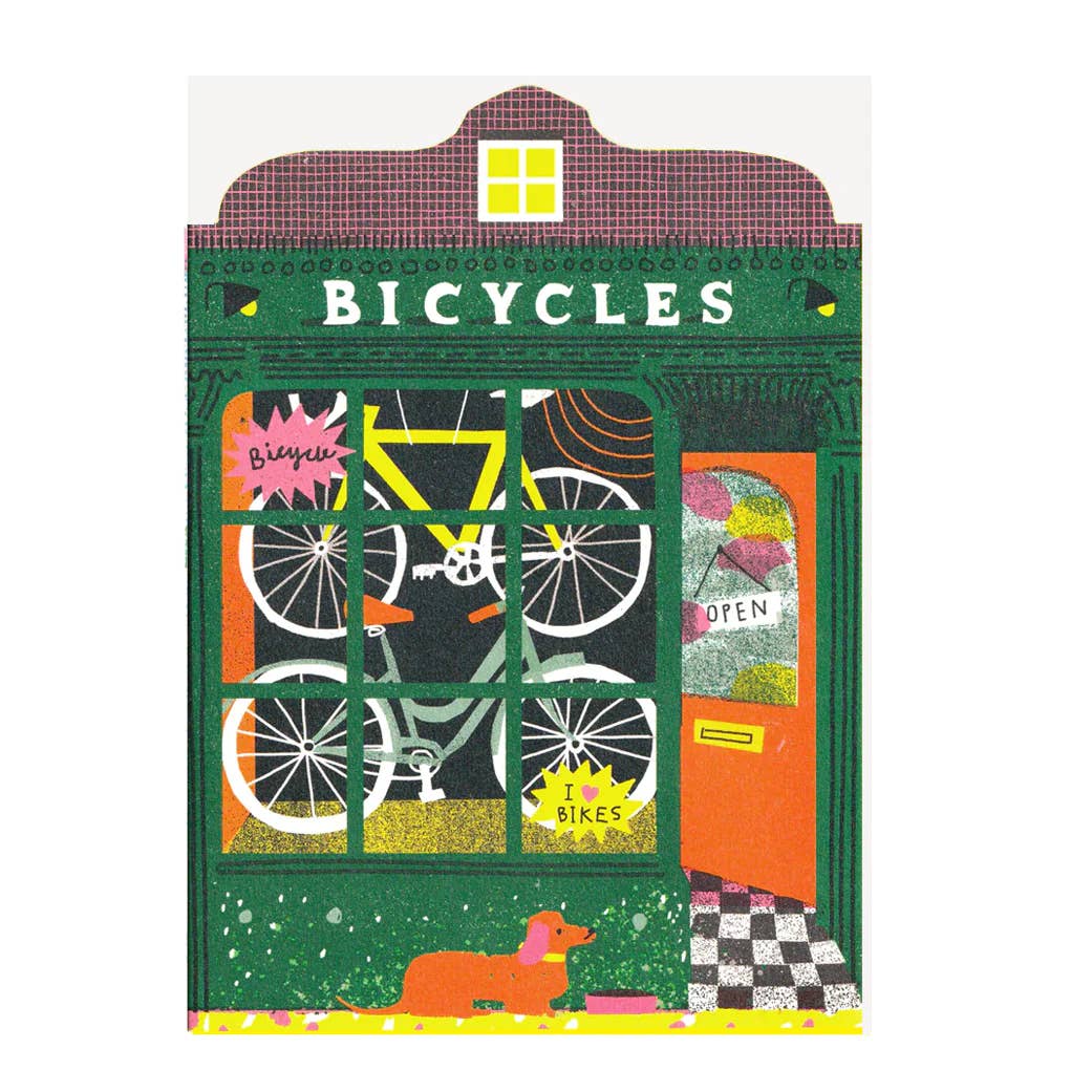 bicycle shop greetings card with colourful illustrations on a white background