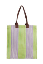 Tote bag with green and purple striped pattern on a white background