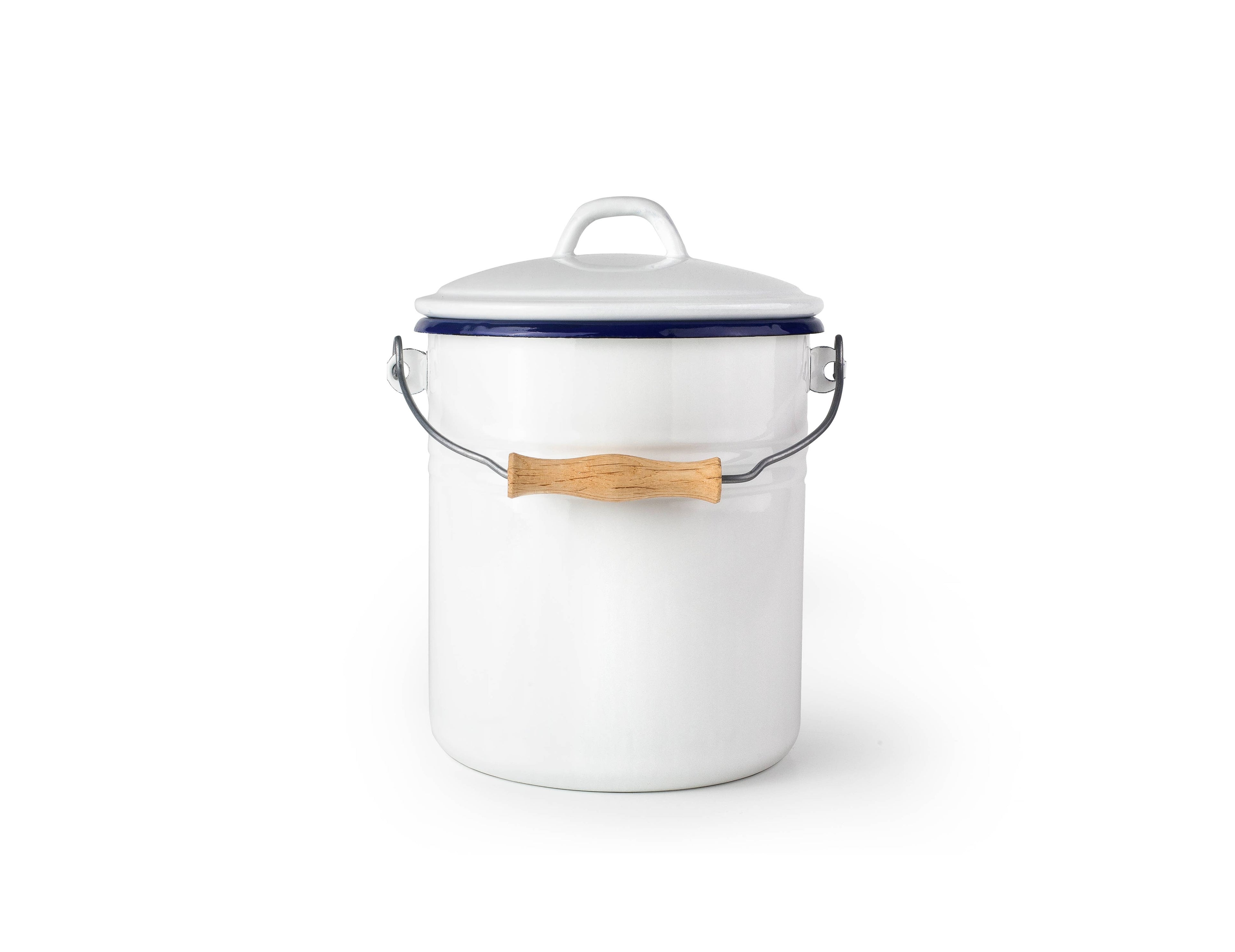 White enamel storage bin with a wooden handle on a white background