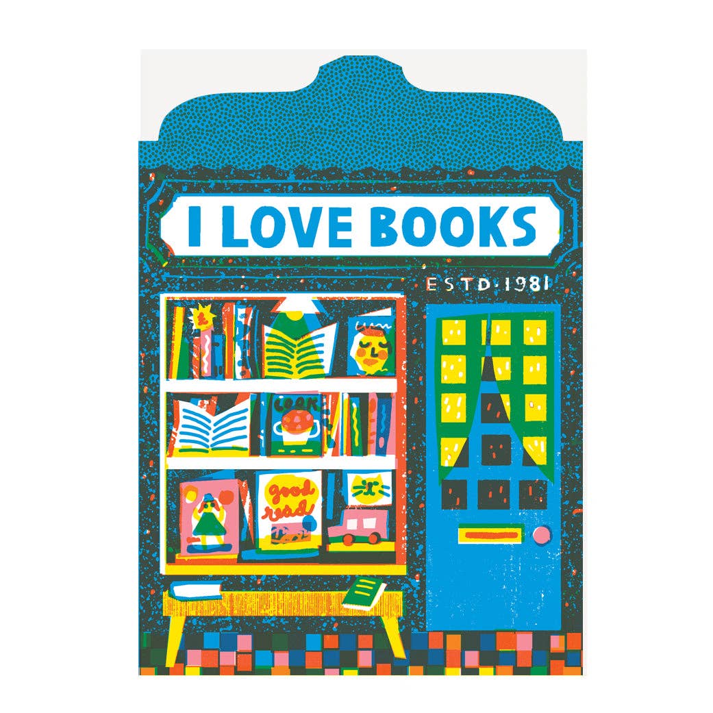 Colorful bookshelf illustration with 'I Love Books' text on a white background