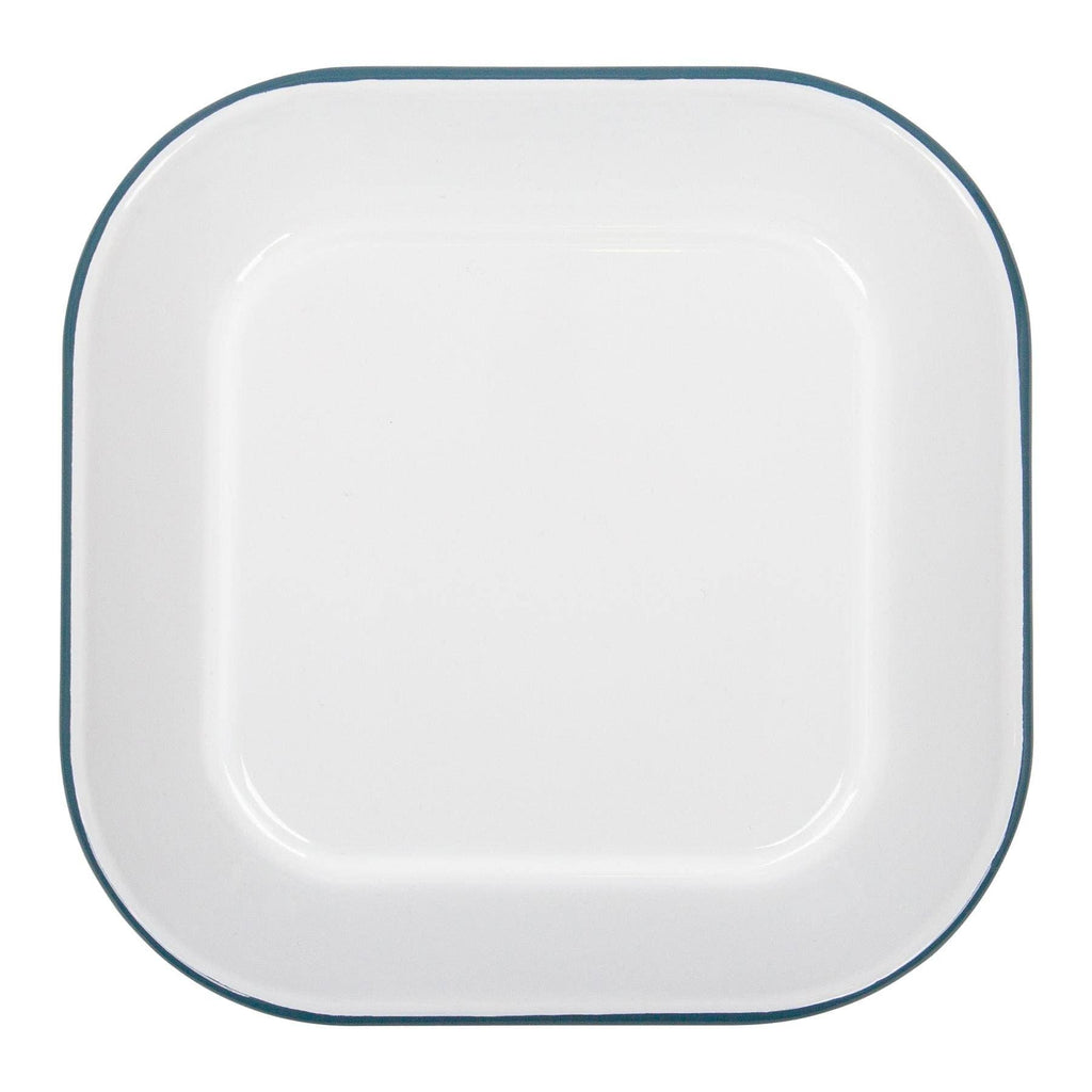 White square plate with blue rim on a white background