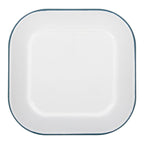 White square plate with blue rim on a white background