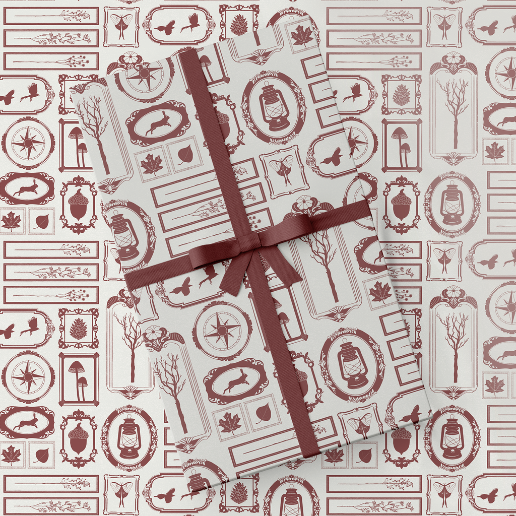 Gift wrapped in patterned paper with a brown ribbon on a matching background