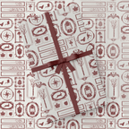 Gift wrapped in patterned paper with a brown ribbon on a matching background
