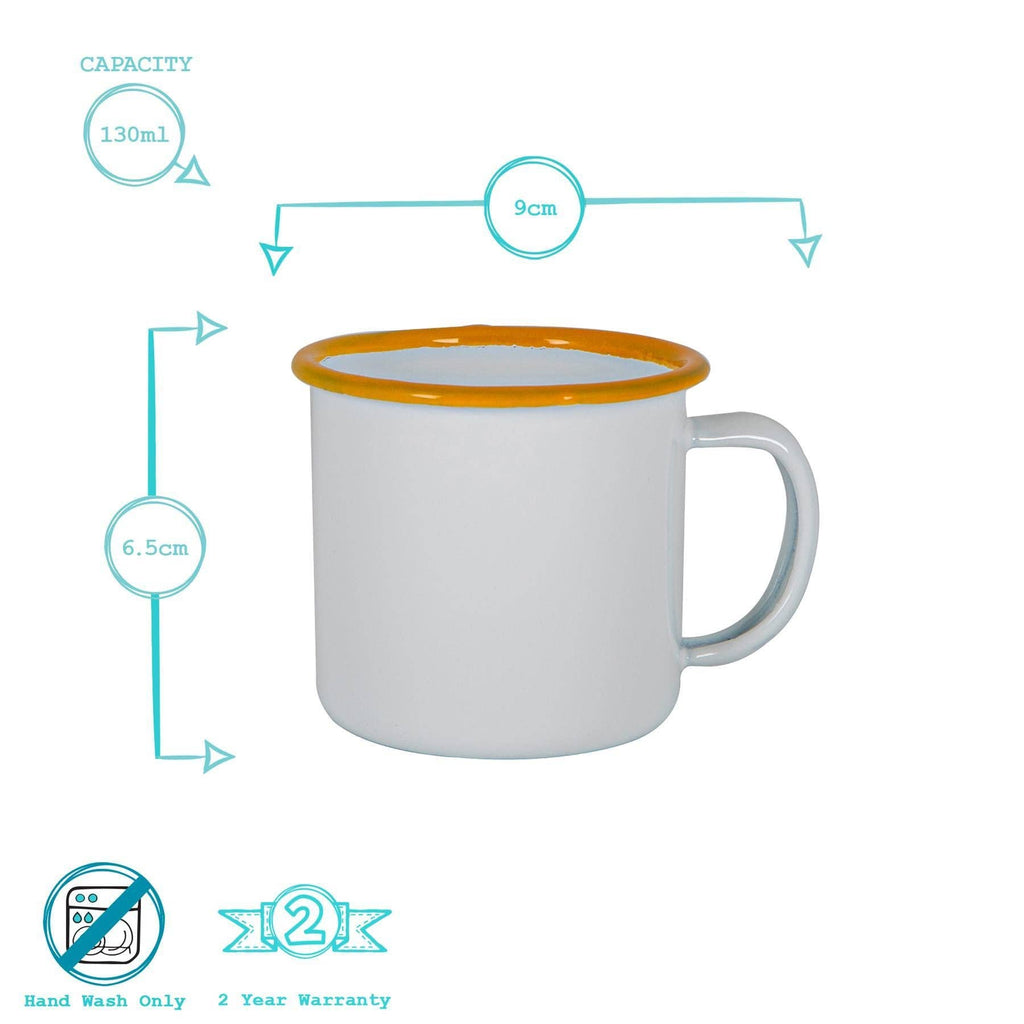White mug with orange rim and measurements on a white background