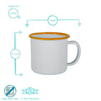 White mug with orange rim and measurements on a white background