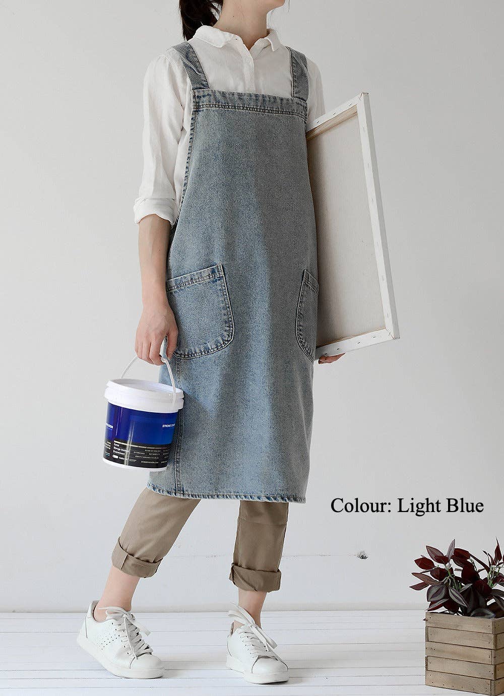 Gohobi Japanese Style Washed Denim Cotton Apron: Dark Blue