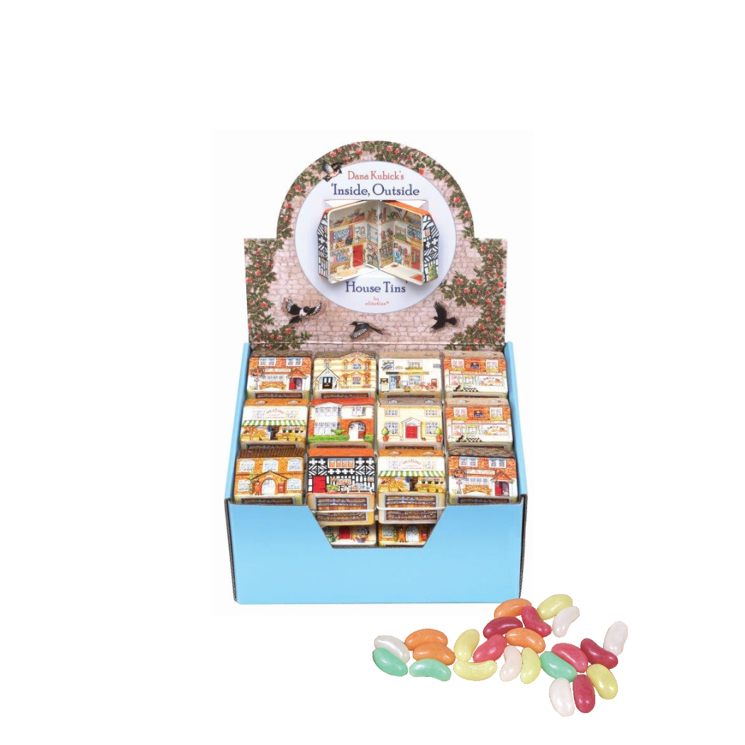 Display box with small house-shaped toy on a white background