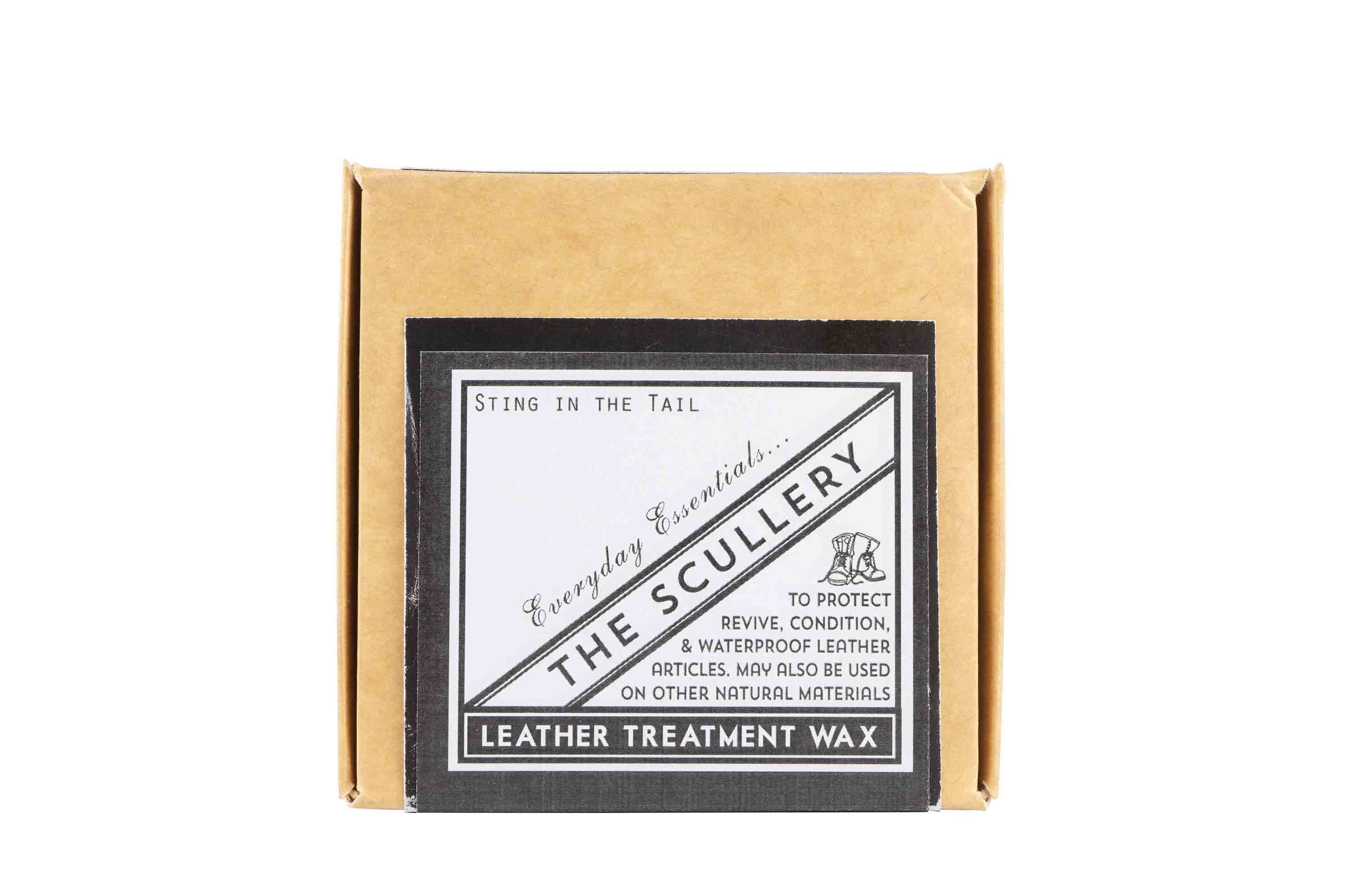 Box of The Scullery leather treatment wax on a white background