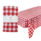 Red and white checkered tablecloth with packaging on a white background