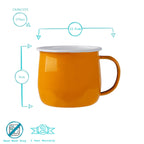 Orange mug with measurements and product details on a white background