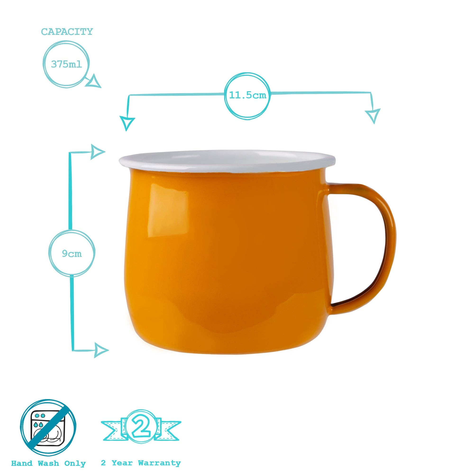 Orange mug with measurements and product details on a white background