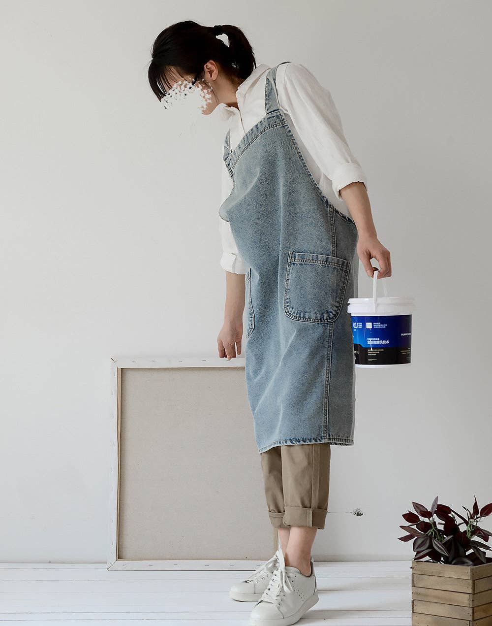 Gohobi Japanese Style Washed Denim Cotton Apron: Dark Blue