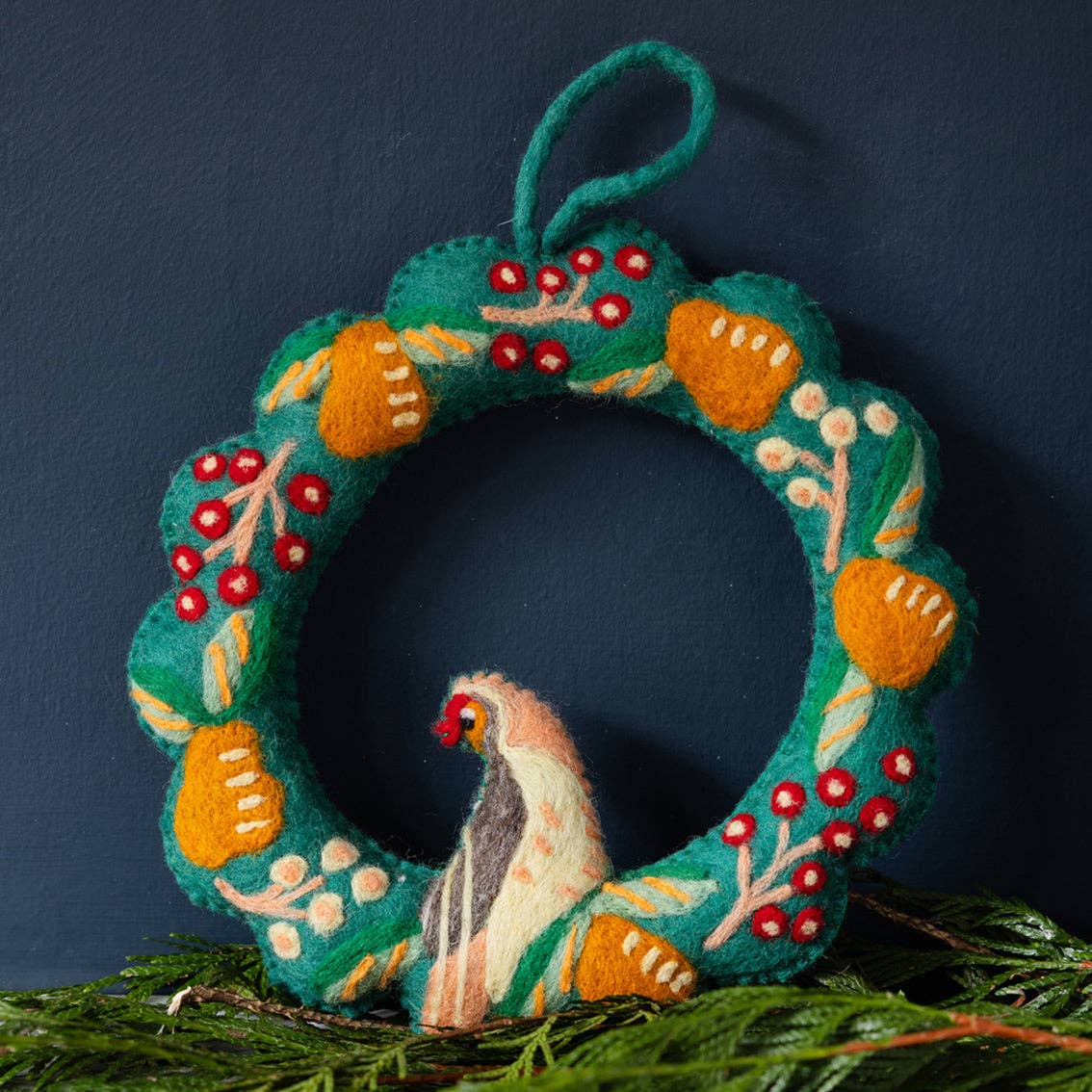 Partridge & Pear Felt Wreath | 25cm | Christmas Decor