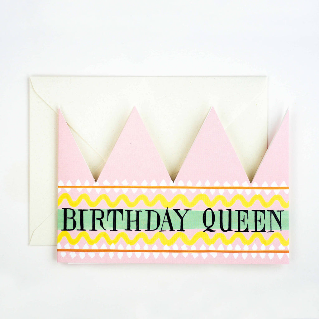 Card with pink crown design and 'Birthday Queen' text on a white background