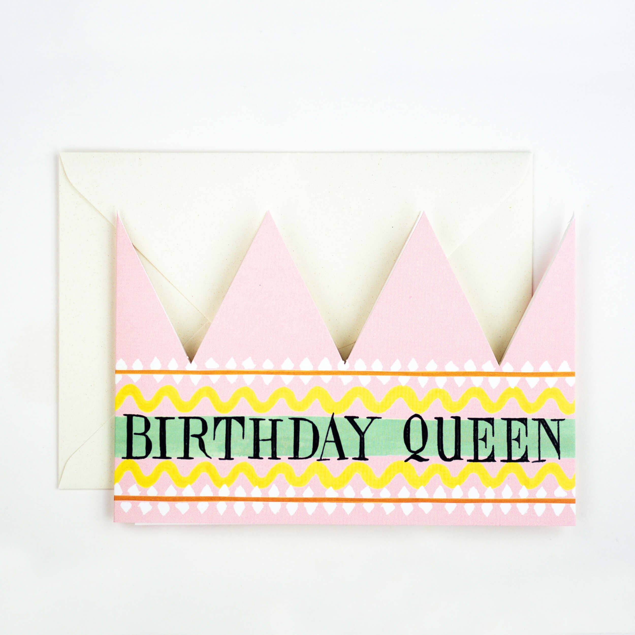 Card with pink crown design and 'Birthday Queen' text on a white background