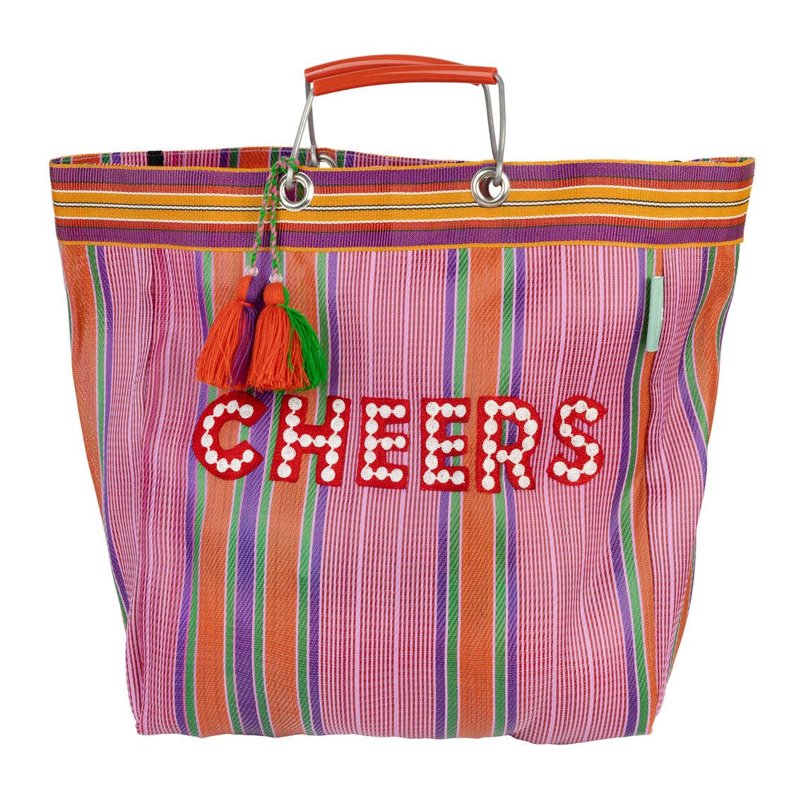 Colorful striped bag with 'CHEERS' text and tassel on a white background